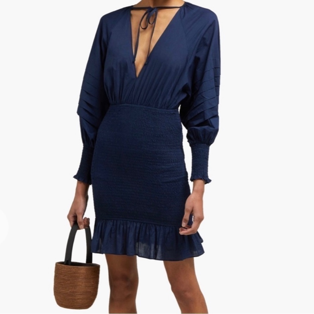 Rhode Resort Anya V-Neck Long Sleeve Smocked Mini Dress Casual Cocktail Summer